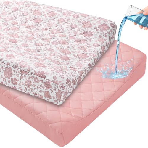 Image of FIOBEE Changing Pad Cover Waterproof 2 Pack Quilted Diaper Change Table Sheets Breathable & Ultra Soft for Newborn Baby Boys Girls Fitted Changer Pads 32 inchx 16 inch, Pink