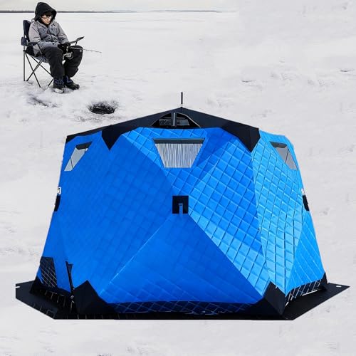MANYOUYOU Ice Fishing Tent Insulated, 6 Sided Fishing Shelter for 6-10 Person, Pop-Up Ice Shanty Shack, Winter Windproof Hut Snow Hub with Carrying Bag Blue
