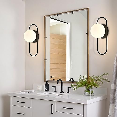 Image of Mid Century Modern Round Wall Sconce 1-Lights Black Globe Wall Sconce Lighting Minimalist Vanity White Glass Bathroom Wall Lamp Farmhouse Bedroom Bar Wall Light