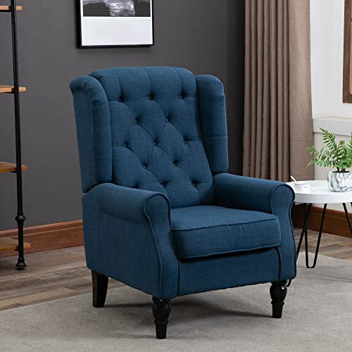 HOMCOM Mid-Century Modern Accent Chair, High Wingback Chair, Button-Tufted Upholstered Fabric Armchair with Retro Wood Legs for Living Room, Bedroom, Blue