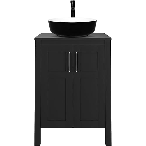 YOURLITE Bathroom Vanity with Sink, 24" Black Bathroom Vanity Sink Combo with Black White Ceramic Basin Faucet & Pop Up Drain Set