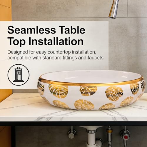 Image of Wallace Designer Oval Table Top Wash Basin White 60x40x15 cm | Premium Ceramic Countertop Vessel Sink with Gold Leaf Pattern | Luxury Over Counter Bathroom Basin