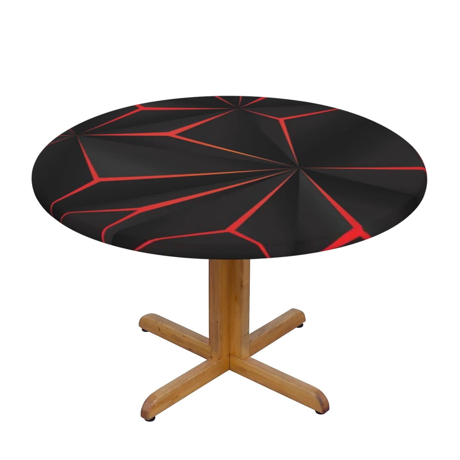 Lsjuee Round Fitted Tablecloth 45-50in Elastic Edged Table Cloth for Kitchen Dining Party Home Decor - Black Polygon Light Futuristic Red