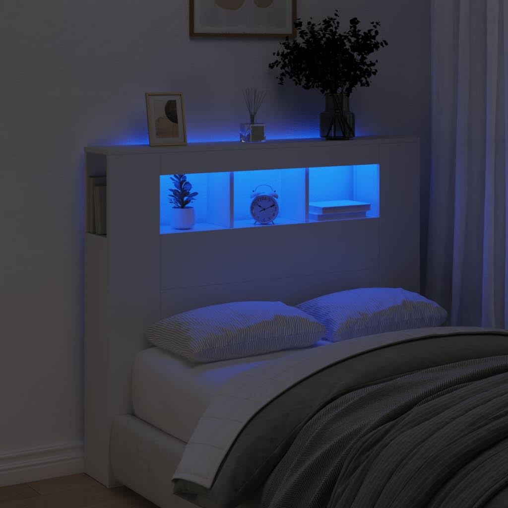 vidaXL Testiera LED Bianca 120x18,5x103,5 cm Legno Multistrato, testiera LED, Testata con LED, testiera con Ripiani, testiera con LED