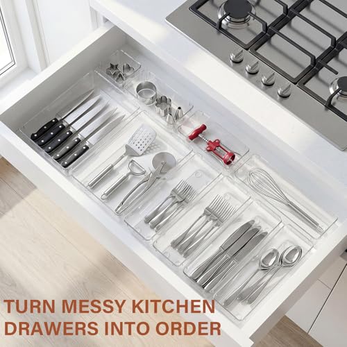 Schubladen Organizer Set 15-teilig, Drawer Organizer mit 4 Größen für Schminktisch & Schublade, transparenter Make-up Organizer für Kosmetik, Büro und Bad