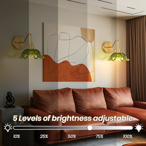 Image of Battery Operated Sconces Set of 2, Vintage Wall Light with Remote, Rechargeable Wall Sconces RGB, No Socket Required Brass Green Glass Lampshade Fixtures, Wall Sconce for Bedroom, Aisle etc