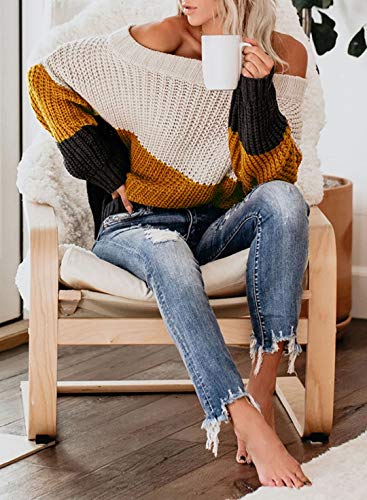 Image of VIMPUNEC Womens Off Shoulder Color Block Sweater Oversized Pullover Top