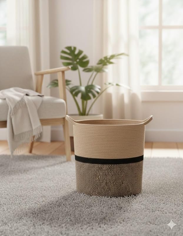 Image of Large Basket Natural Cotton Rope Storage Basket and Hamper for Cloths and Multi Usage in Living Room, Bedroom, Laundry Room (Size - 15 inch x 15 inch x 18 inch) (Beige Black Line)