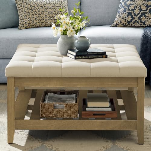 SONGMICS Storage Ottoman with Solid Wood Frame Square Upholstered Ottoman Coffee Table Footrest Tufted Cushion for Living Room Easy Assembly 31.5 x 31.5 x 17.7 Inches Summer Sand ULSF008LF01