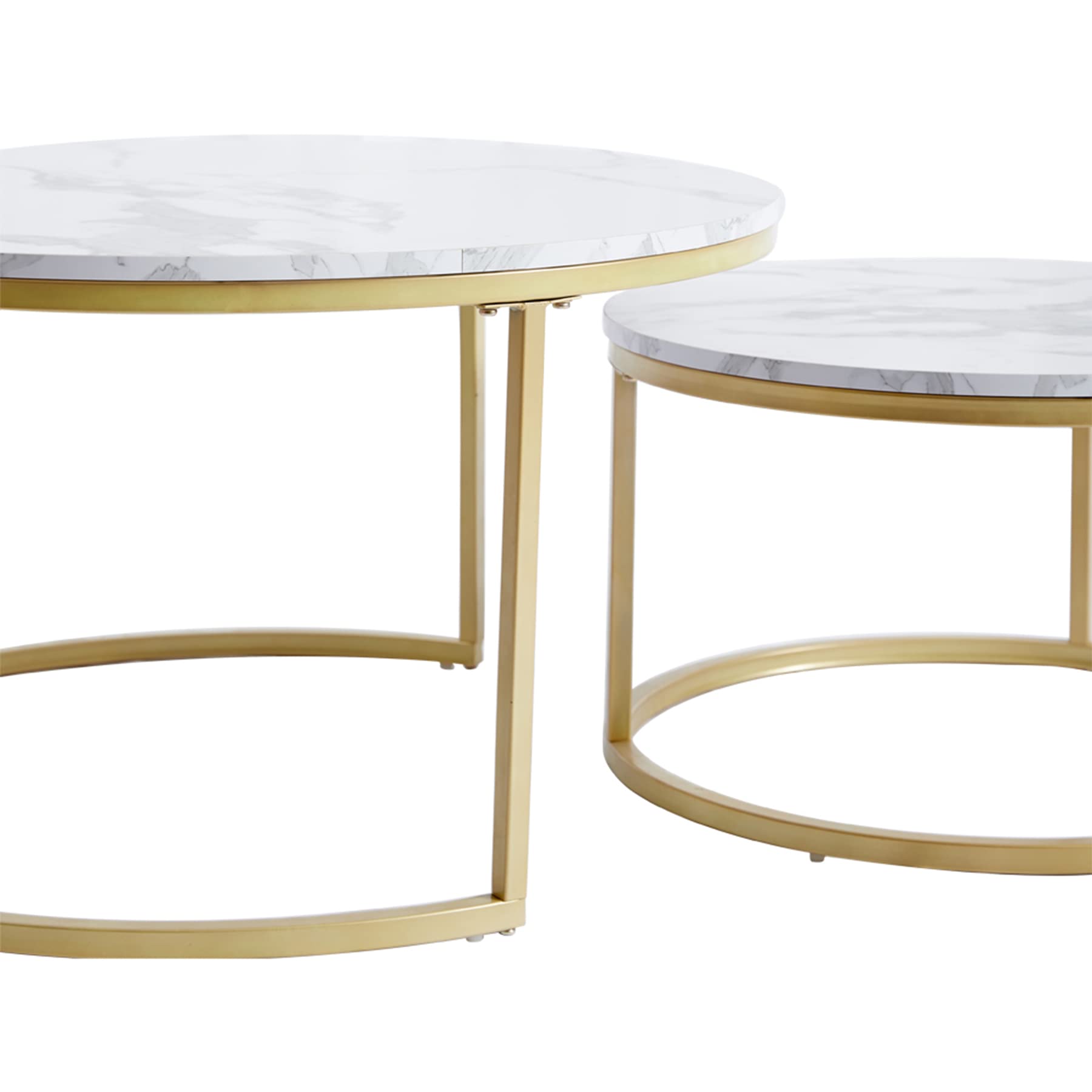 2er Set Runder Couchtisch, Moderner Satztisch für Wohnzimmer, Balkon, Büro mit MDF-Tischplatte und Stabilem Metallgestell, Weiß+Gold, Großer Tisch: 60*60*45 cm; Kleiner Tisch: 40*40*35cm
