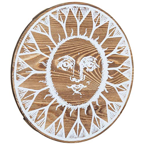 MyGift 11-Inch Round Burnt Wood Painted White Celestial Sun Face Hanging Wall Art Decor, Decorative Indoor/Outdoor Patio Garden Wooden Plaque