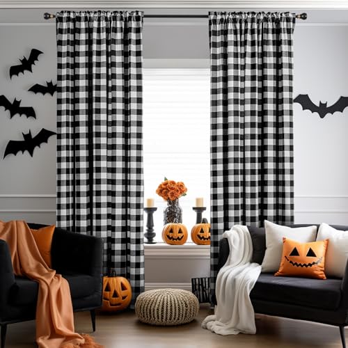 Melodieux Cortinas a cuadros de búfalo para sala de estar, dormitorio, estilo rústico a cuadros con textura de algodón con bolsillo para barra, color negro, 52 x 84 pulgadas (2 paneles)