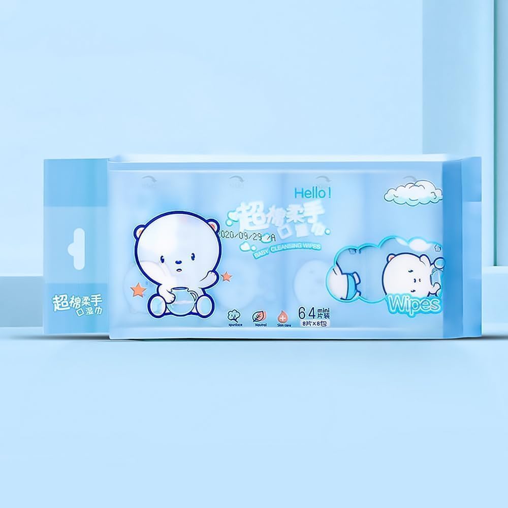Verra Enterprise Mini Baby Wipes Disposable Portable Pocket Water Wipes Baby Skin Care Wet Tissue Travel Children Baby Hand & Face Baby Sanitizing Cleansing/Moisturising Wipes For Fresh(64 Wipes X 1 Pack) 3