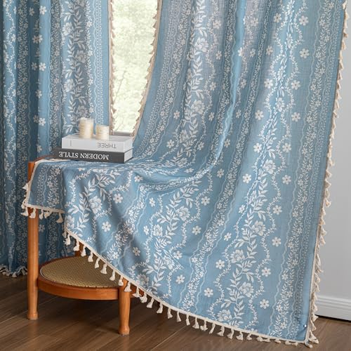 Image of MYSKY HOME Dusty Blue Boho Curtains 84 inch Length 2 Panels Set for Living Room Dining Room Farmhouse Linen Blend Light Filtering Floral Pattern Bohemian Drapes with White Tassel Back Tab, 50 inch Wide