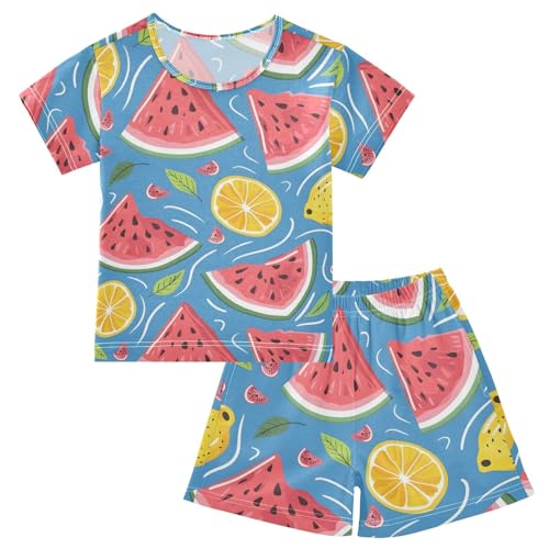 ALAZA Watermelon Lemon Blue Pajamas Short Sleeve 2 Piece Sleepwear Top and Bottom Pajama Set Unisex