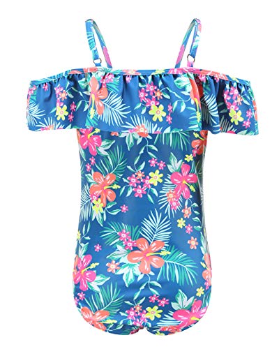 Girls One Piece Swimsuits Off Shoulder Bathing Suit Kids Hawaiian Floral Swimwear 3-16 Years2