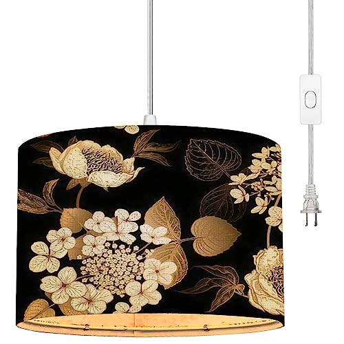 Eftowel Plug In Pendant Light Peonies Hydrangea Floral Vintage White Modern Hanging Lamp With Plug In Cord 16.4 Ft Dimmable Switch Fabric Shade Hanging Light For Living Room Kitchen Dining Room Bedroom cover