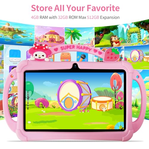 Image of PRITOM 7-inch Android Tablet, 2GB RAM, 32GB Storage, Quad-core Processor, 1024x600 IPS Display, Wi-Fi and Bluetooth, Shock-Resistant Protective case, Built-in Parental Controls (Pink)