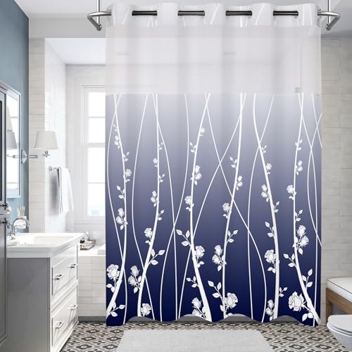 TYTYUU No Hook Shower Curtain Whith Snap in Liner Set, Blue Ombre Floral Striped Fabric Shower Curtains for Bathroom Hotel Decor 71x74 Inches