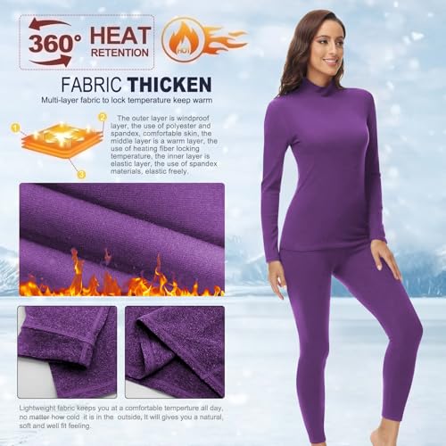Image of Women's Mock Neck Thermal Underwear Winter Fleece Ultra-Soft Warm Base Layer Set
