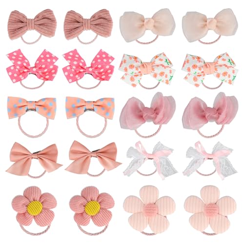 20 Pcs Sakura Pink Dog Hair Bow, Bow Bulk with Rubber Bands Elastic, Mix Style Handmade Cute Dogs Gooming Flower Ball Bowknot Top Knot for Pet Hair Grooming, Photo Taking and Daily Entertainment