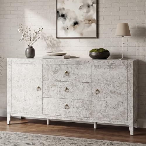 Image of AMERLIFE 60 inch High Gloss Burl Buffet Sideboard Storage Cabinet with Drawers
