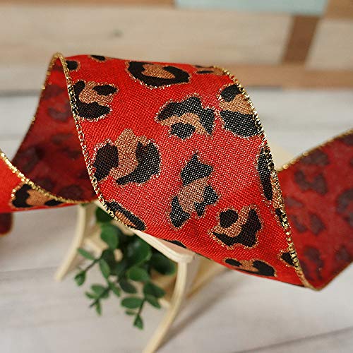 Ct Craft Llc Faux Jute Leopard Printed Wired Ribbon For Home Decor, Gift Wrapping, Diy Crafts, 2.5” X 10 Yards X 1 Roll - Red With Black And Gold #TOP2