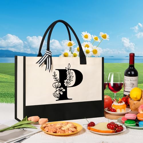 Image of Tecanne Personalized Initial Canvas Tote Bag, Suitable for Birthday, Wedding, Beach, Holiday, Gifts for Women, Mom, Teachers, Nurses, Best Friends, Bridesmaids (P)
