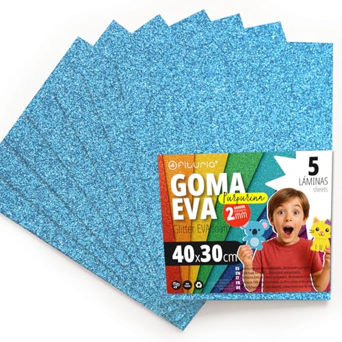 OFITURIA Goma Eva con Purpurina para Manualidades Creativas, Láminas de Foam Brillante para DIY, Proyectos Escolares, Arte Decorativo, Scrapbooking 40x30cm (Azul Claro Purpurina, 5 uds)