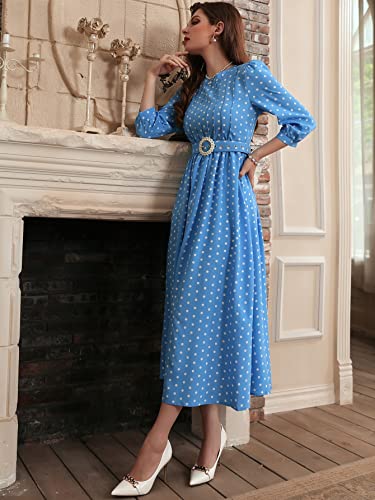 Wdirara Women's Polka Dots Puff 3/4 Sleeve A Line Pleated Belted Flare Cocktail Long Dress Blue M #TOP2