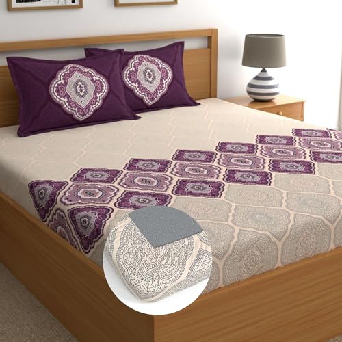 Image of Dreamscape 100% Cotton Fitted Queen Bedsheets with 2 Pillow Covers Cotton (Size 60 x 78 inches, 140TC, Colour Purple)