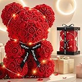 Otlonpe Preserved Artificial Roses Flowers Bear, Forever Women Gifts for Birthday Christmas Valentines Mothers Day, 9'' Red Rose Flower Small Bear Lamp in Box, Gifts for Women Mom Grandma Daughter