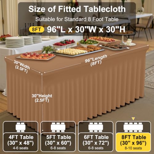 Image of Smiry Spandex Elastic Fitted Table Cloth Skirt for 8FT Rectangle Table | Stretch Washable Table Cloth, Banquet Table Cover for Wedding, Party, Indoor & Trade Shows, (Khaki, 96Lx30Wx30H)