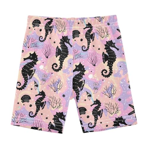 Black Seahorse Print Girls Shorts Elastic Waist Sports Shorts Girls Leggings Pants for 4-10 Years