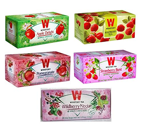 Wissotzky Assorted Herbal Fruit Teas Set, 5 boxes (Total 100 Tea bags) A Wonderful Variety of Strawberry, Raspberry, Wild-berry, Pomegranate & Apple Delight Flavors, Certified Kosher