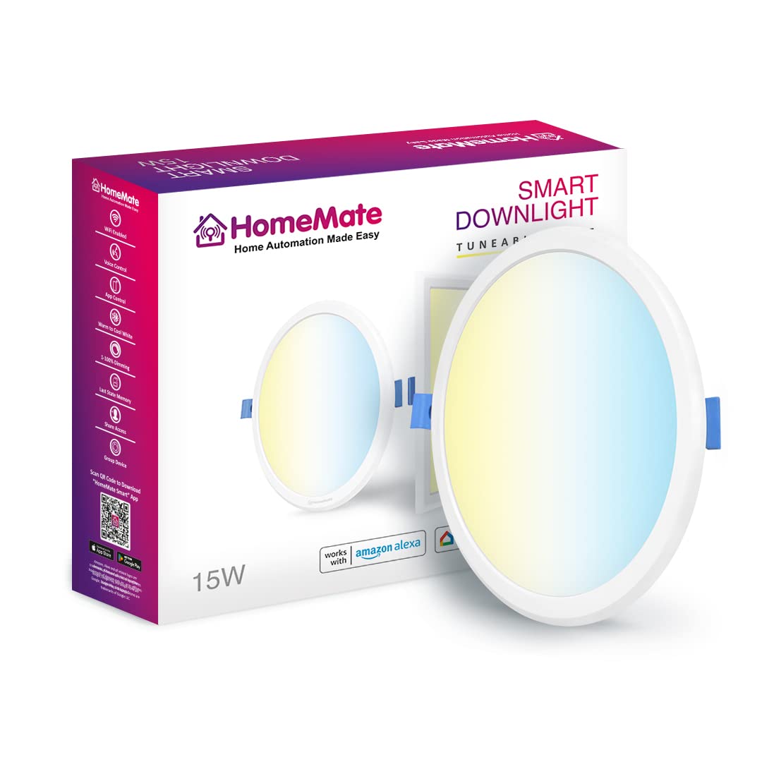 HomeMate Polycarbonate Wifi+Ble Cct Smart Led Downlight | 15 Watt, Round | Tuneable White, Shades Of White From Warm To Cool White | Compatible With Alexa, Google Home And Siri (Pack Of 1)