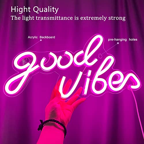 Image of Good Vibes Neon Sign Pink Good Vibes Neon Lights USB Operated Aesthetic LED Signs for Bedroom Wall Decor Birthday Party Wedding Salon Bar Home Girl Cave