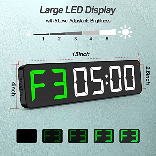 Gym Timer 15\ Große LED-Anzeige Wanduhr|Intervall-Workout|Countdown & Up|Stoppuhr|12 Einstellbare Lautstärke|3 Installationsmöglichkeiten|Digitaler Timer für Fitness Home Garage Gym und Outdoor Sport