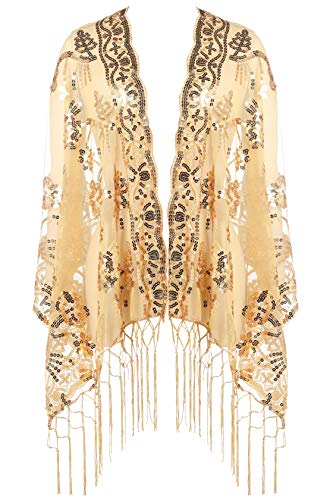 BABEYOND 1920s Shawl Wraps Sequin Fringed Evening Cape Wedding Bridal Shawl Scarf for Evening Dresses Party (Gold)