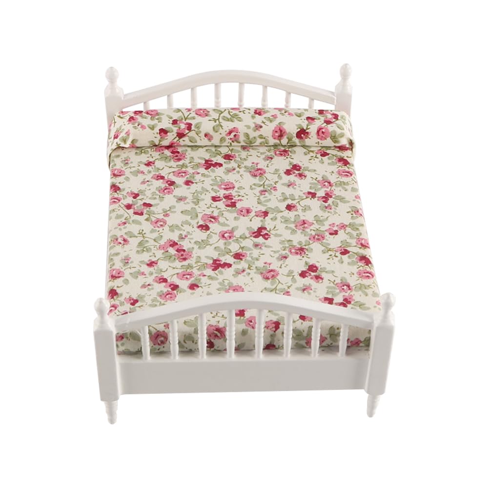 FONGKNOX 1/12 Miniature Double Bed Flower Pattern Miniature Dollhouse Double Bed Wooden Furniture for Dolls House Bedroom Decoration - Image 2