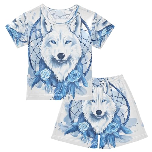 senya Short Sleeve Pajamas Sets Summer Cotton Sleepwear Blue Rose Dreamcatcher Wolf