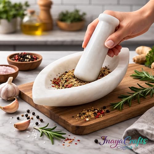 Image of Marble Boat Shape Mortar and Pestle Set 5 Inch, White Stone Grinder for Crushing Spices, Herbs and Garlic, Traditional Kitchen Tool for Masala, Chutney and Food Preparation