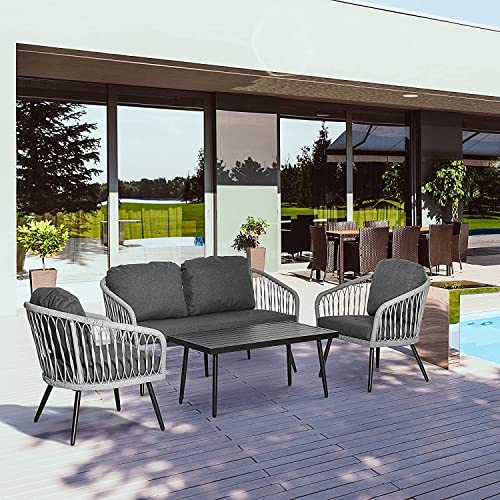 Image of LOCCUS 4 Piece Outdoor Rattan Patio Furniture Set, Garden Sofa Set with 2 Single Chairs, 1 Loveseat & Tempered Glass Coffee Table, All-Weather Wicker Conversation Set with Cushions for Backyard (Grey)