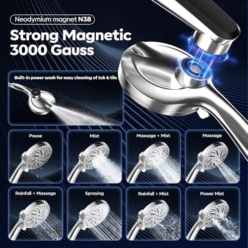 Image of High Pressure Rain Shower Head with Handheld, Magnetic Power Wash Combo