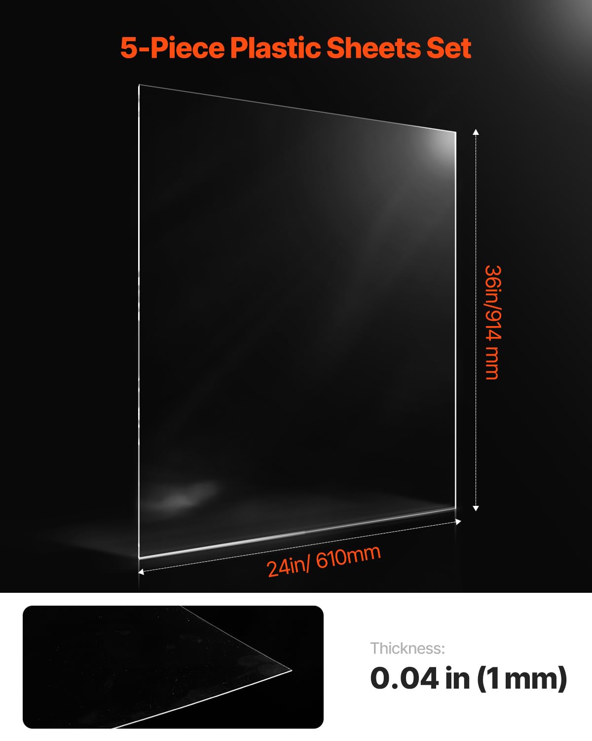 VEVOR Láminas de PET 5 Piezas Láminas de Plástico 610 x 914 mm Grosor de 1 mm Paneles de Plástico Transparente Flexible para Marcos de Fotos, Proyectos de Exhibición de Bricolaje, Fácil de Cortar