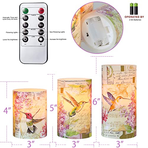 Image of Flameless Candles Pink Hummingbird Floral Battery Operated with Remote Flickering LED Real Wax Pillar Candle Warm Light Spring Summer Decor for Home Fireplace Christmas Holiday Gifts