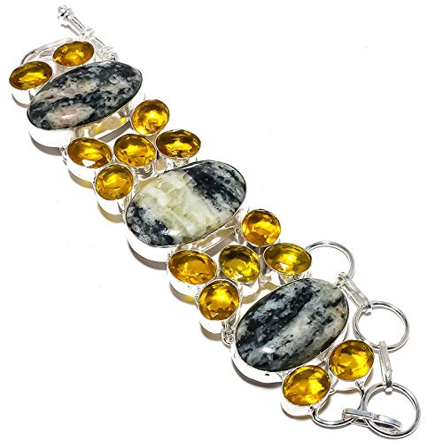 Bracelet en agate dendritique grise et citrine fait main en argent sterling pour femme