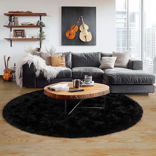 6‘x6’ Black Round Rug for Bedroom, Ultra Soft Fluffy Circle Rug for Kids Girls Boys Room, Cute Shag Rugs for Living Room Playroom Teen Room Home Decor Rug