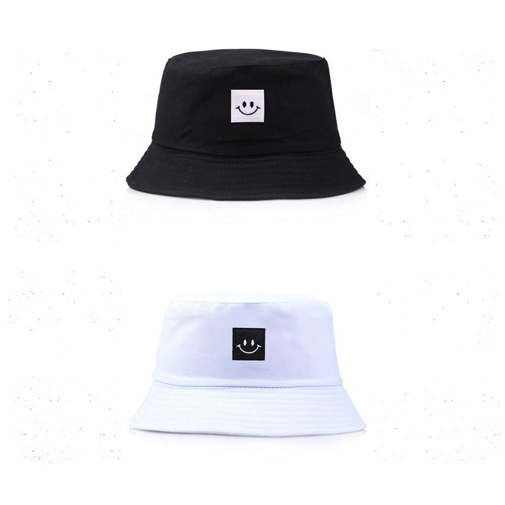 Copiel Sombrero de Pescador, 2 Piezas Sombrero de Pesca con Cara Sonriente Algodón y Tela de poliéster Unisex Sunbonnet Resistente al Viento para Senderismo Camping Viajes Pesca 56-58cm Negro