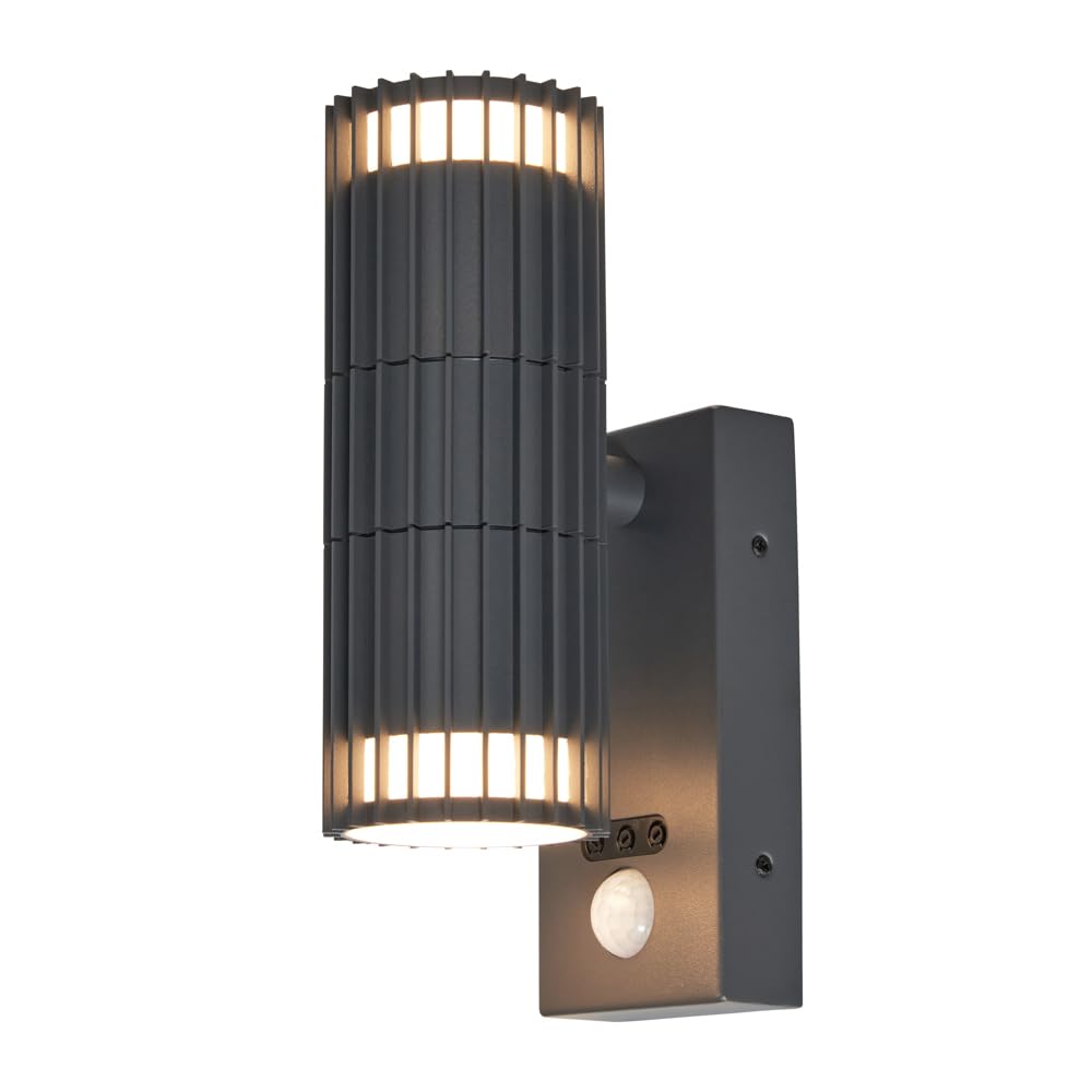 LITECRAFT Veda Wall Light Outdoor Ribbed Up & Down IP65 Rated Fitting with PIR Motion Sensor - Anthracite